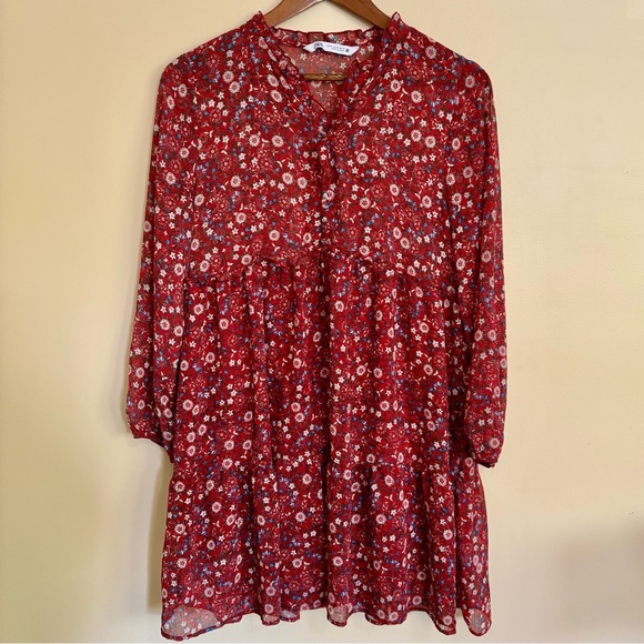 Zara| Boho Red Micro-Floral Long Sleeve V Neck Mini Dress Sz M - Picture 1 of 6